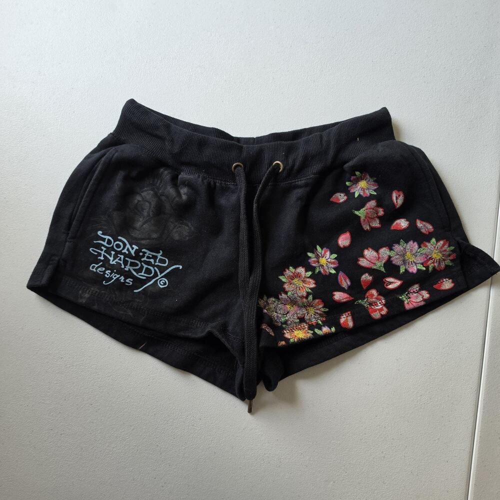 Ed Hardy Shorts Womens Medium Black Floral Graphic Sweat Lounge Drawstring